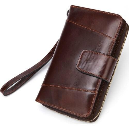 100% Genuine Leather Women Wallets Zipper Pocket Long Multi Function Mobile Phone Bag Oil Wax Leather Clutch Bag Coin Purse