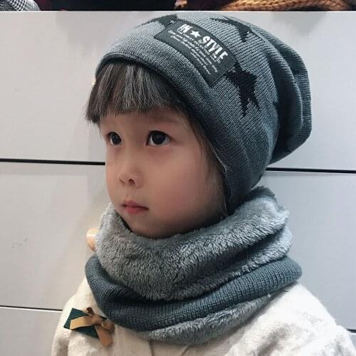 2Pcs Winter Kids Hat Scarf Set Boys Girls Knitted Warm Plus Velvet Beanie Cap Star Prints Crochet Children Hats Scarves Collar