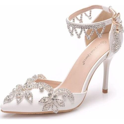 2019 Fashion Delicate Sweet Rhinestone High Heel Shoes Pointed Toe Thin Heels 9.5CM Women Pumps Wedding Dress Shoes
