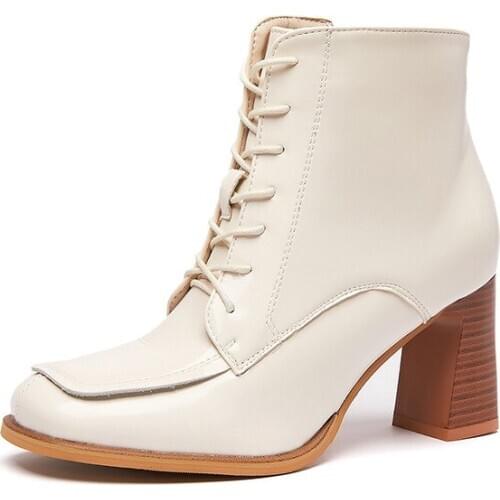 2020 Spring Boots 7.5CM Thick heel PU Cross-tied Women Sexy Square head Chelsea Boots Party Shoe Q10-49