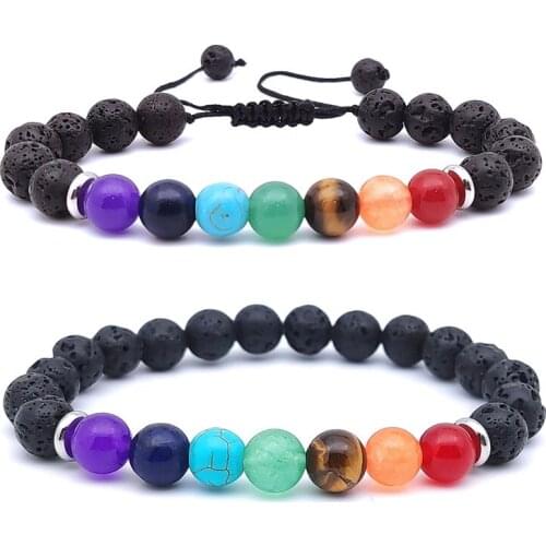 8mm Seven Chakra Bracelet Black Lava Stone Beads Women Men Bracelet Buddha Yoga Strand Briaded Bracelet Jewelry set