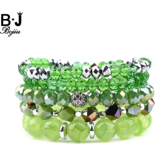 BOJIU 5 Pcs/Set Elastic Multilayer Women Bracelets Faceted Silvery Green Crystal Round Quartz Bead Bracelet Femme Bijou BCSET246