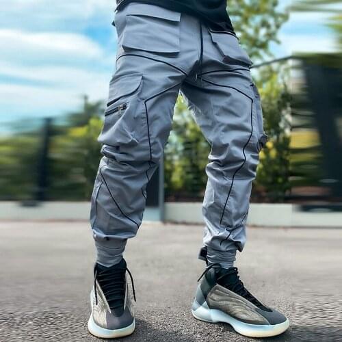 Mens Hip Hop Cargo Pants Joggers Gym Fitness Sweatpants Overalls Men Reflective Streetwear Fashions Sport Casual Trousers