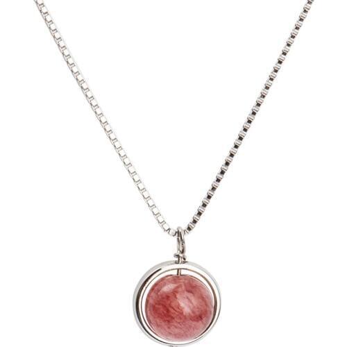 925 Sterling Silver Box Chain Nature Stone Semi-precious Gemstone Pendant Pink Strawberry Quartz Necklaces Teenagers Gift
