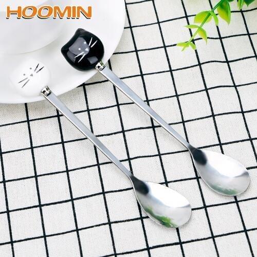 HOOMIN Flatware Kitchen Tool Ice Cream Cartoon Spoon Stainless Steel Coffee Spoon Cat Ceramic Spoon
