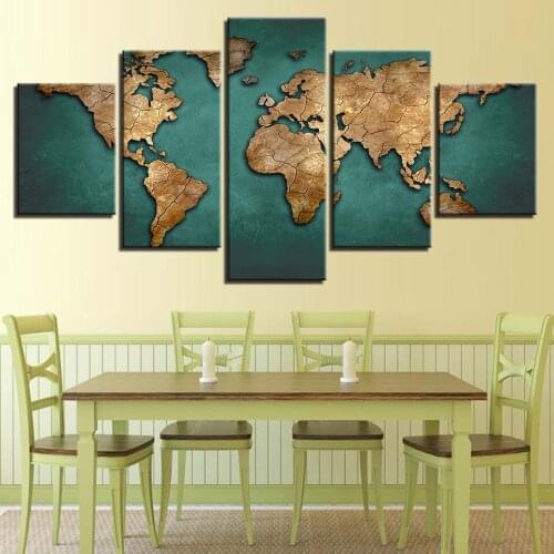 World Map on Green Background Poster 5pcs Modern Home Wall Decor Canvas Picture Art HD Print Painting On Canvas for Living Room