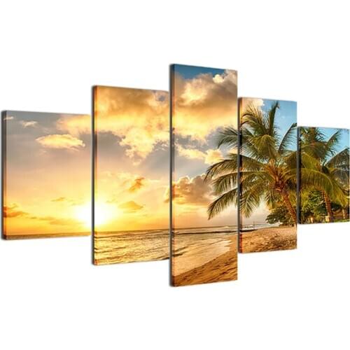 Full square round diamond painting 5 Panel Palm Trees Sea Sunset Landscape diamond embroidery mosaic diamond Home Decoration