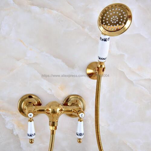 Gold Color Brass Wall Mounted Bathroom Basin Mixer Tap With Hand Shower Head & Shower Faucet Nna982