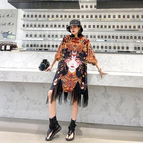 Summer Large Fashion Boyfriend A-Line Loose Short Sleeves Women Dress Cheongsam Mesh Patckwork Women Printed Short Party Dress