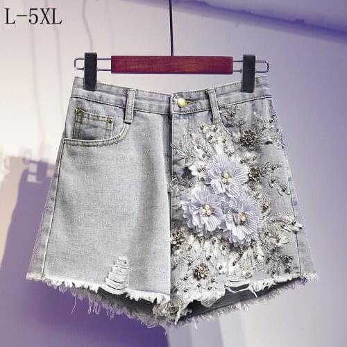 Plus Size Summer Women High Waist Flower Jeans Short Woman Denim Pants Loose Casual Ladies Short Pant New Arrival Trousers 2021