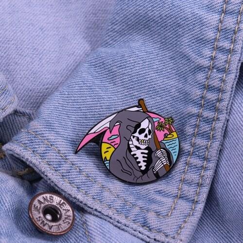 Cute Cartoon Grim Reaper With Sickle Pin Death Halloween Spooky Goth Brooch Collectible Jackets Lapel Lover Badge