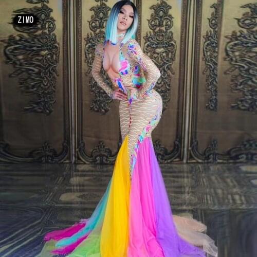 Colorful print Mesh mermaid Dress sequin Women Sexy Stretch party Evening birthday long Dresses Performance Stage dance costume