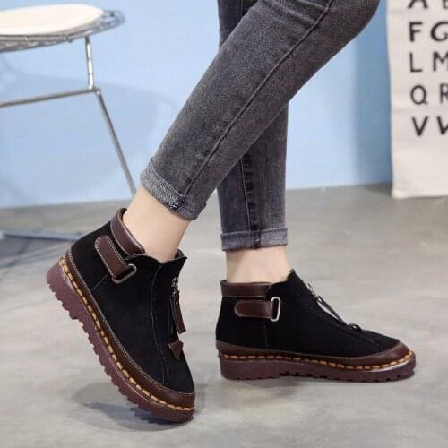 Fashion women spring new British style hook and loop ladies ankle flat casual thick-soled womens short boots casual thick-soled