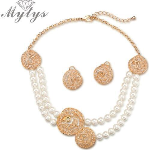 Mytys Double Pearl Chain Wire Mesh Crystal Jewelry Sets Necklace and Earring Sets Noble Jewelry for Women CN347