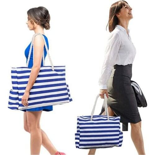 Extra Large Beach Bag Key Holder Bottle Opener Two Outside Pockets Top Zipper Closure Rope Handles Canvas Shoulder Beach Tote Ba