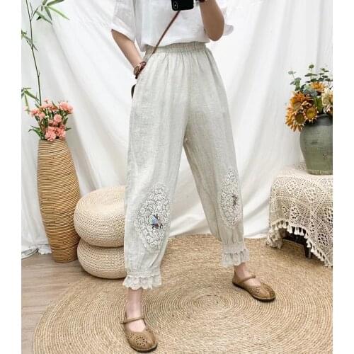 P11 2021 Japan Mori Girl Embroidery Lace Casual Pants Women Loose Cotton linen Elastic Waist Pants