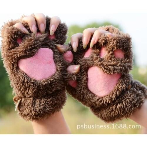 Cat claw Gloves Winter cute cartoon cat girls' open finger gloves thickened fluffy bear paw Half Finger Gloves