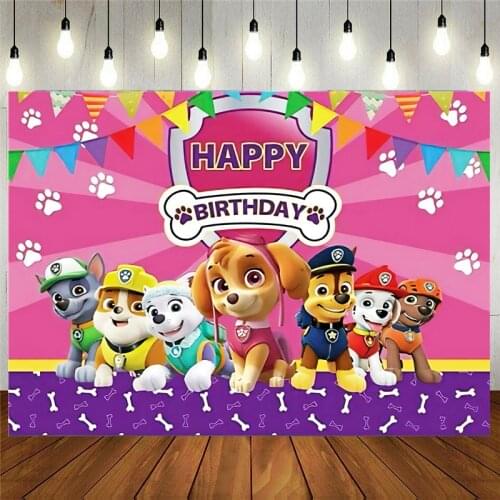 Pink Cartoon Dog Patrol Theme Photography Backdrops Girls Princess Happy Birthday Background Baby Shower Party Banner