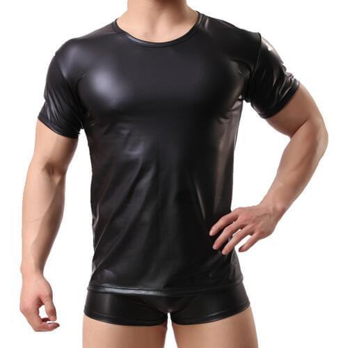 Sexy Men Faux Leather Solid Color Elastic Top Bar Stage Performance Slim T-shirt hug your curves showing your muscular figure