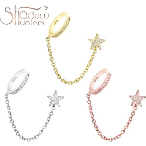 SHADOWHUNTERS Real 925 Sterling Silver Long Earrings with Clear Zircon For Women Chain Drop Earring Earcuff and Star Piercing
