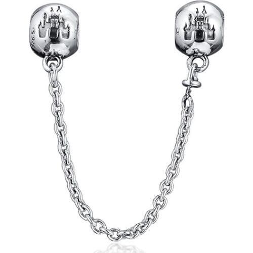 Fairytale Princess Castle Safety Chain Silver 925 Original Charm Beads for Bracelets Women Clear CZ Beads for Jewelry Making