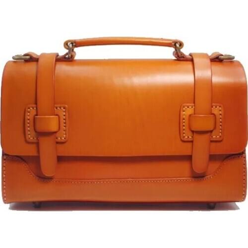 Vintage Genuine Vegetable Tanned Leather Women Hand-sewn Satchels Purse Female Handbag Authentic Real Cowskin Lady Shoulder Bag