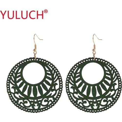 YULUCH African Natural New Design Wooden Earrings Round Hollow Out Pop Pattern Pendant for Fashion Woman Earrings Jewelry Gifts