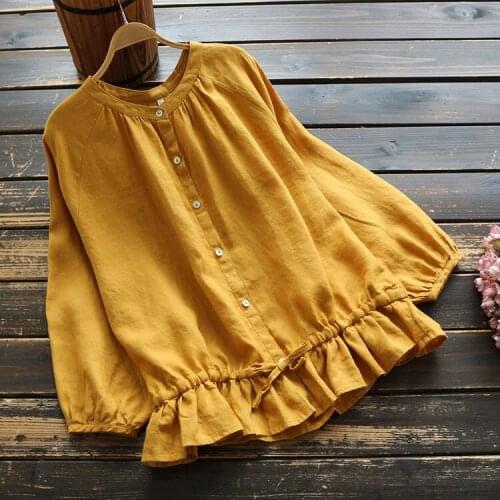 2020 Autumn Women Vintage Long Sleeve Cotton Linen Tops Solid Ruffle Hem Blouse Shirts Fashion Cover Belly Shirt