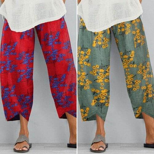 Women Irregular Hem Long Pants, Floral/Wood Print Loose Fit Elastic Waist Trousers Pants