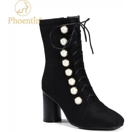 Phoentin Plus size 34-48 woman pearl short Boots Winter elegant office ladys Ankle Boots square Toe zip High Heel Shoes FT1325