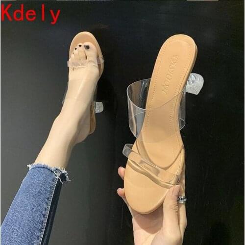 Shoes Med Womens Slippers Outdoor Heeled Mules Jelly Slides Rubber Flip Flops Pantofle Fashion Square Heel Heels Transparent