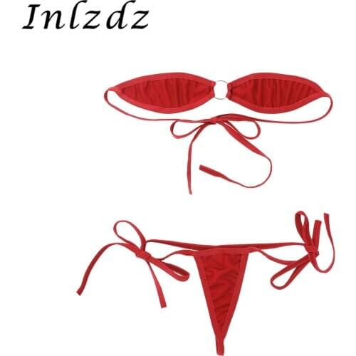 Womens Exotic Lingerie Set Minimal Cover Self-tie Mini Micro Bikini Set Mini Bra Top with G-String Briefs Sexy Underwear Set