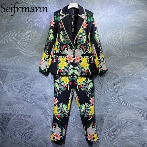 Seifrmann New 2021 Summer Women Fashion Designer 2 Pieces Set Long Sleeve Beading Coat + High Waist Vintage Print Long Pant Suit