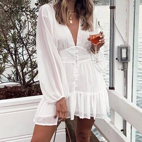 LZEQuella Women Deep V neck High Waist White Chiffon Mini Dress Summer Holiday Beach Ruffles Short Dresses Vestidos NZ2230