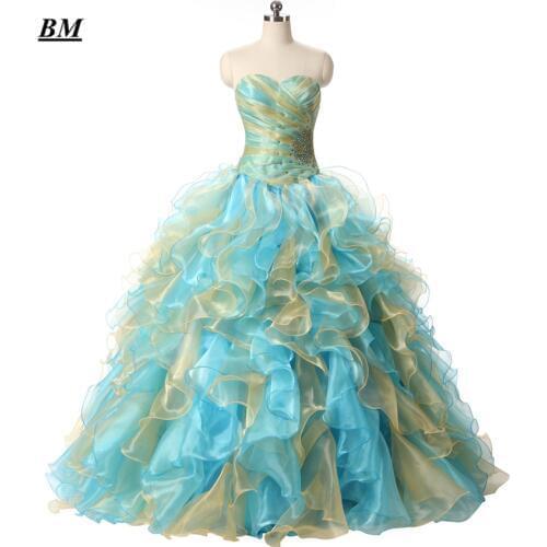 2019 Gold Blue Stock Cheap Quinceanera Dresses Ball Gown Beading Sweet 16 Dresses Formal Prom Party Gown Vestido De 15 Anos BM44