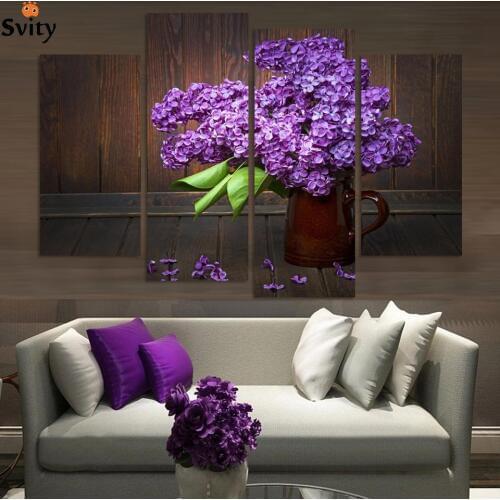 4pieces Modern Home Decor Wall Art Picture For Living Room Bedroom Decor purple lilac flower Canvas Print painting