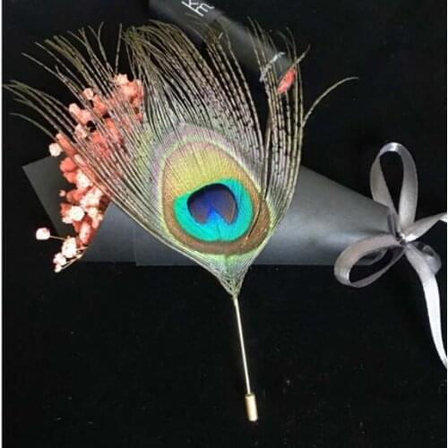 6Pcs/Bag Feather Corsage Groom groomsman Wedding party Best Man suit peacock Feather Boutonniere For Guy pin Wedding Flowers