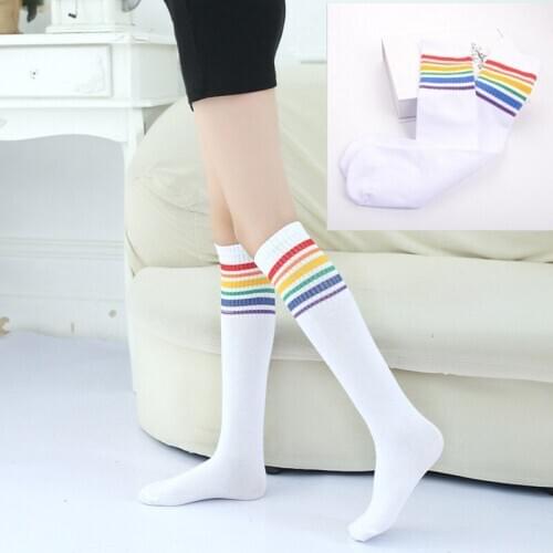 Children socks striped colored rainbow knee socks cotton school white long sock for kids girls baby boy kids meias