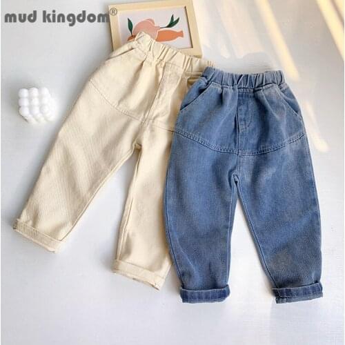 Mudkingdom Kids Jeans for Boys Girls Elastic Waist Pockets Solid Simple Loose Pants for Toddler Spring Autumn Casual Trousers