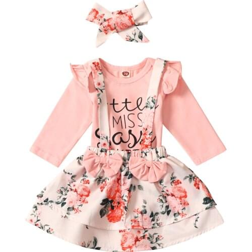 Emmababy Baby Girls Three Piece Suit Fashion Letter Long Sleeve Romper Flower Suspender Skirt and Headband