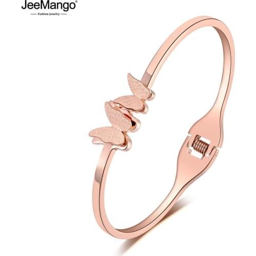 JeeMango Trendy Titanium Stainless Steel Double Butterfly Bangles Bracelets For Women Girls Cuff Bangle Bracelet Jewelry JB19067