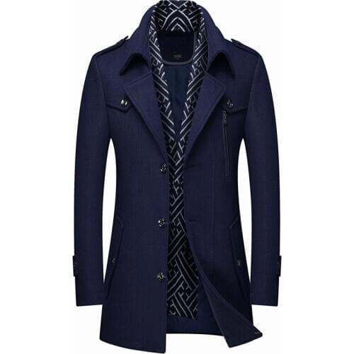 Plus Size 5XL Mens Scarf Collar Wool Coat 2020 Winter New Fashion Business Thick and Warm Male Brand Overcoat Navy Coffee