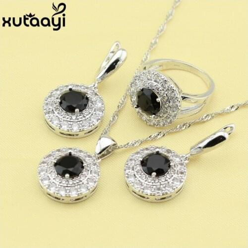 Fancy Silver Bridal Wedding Fashion Health Jewelry Set,Superb Black Cubic Zirconia Earrings Necklace Pendant Rings