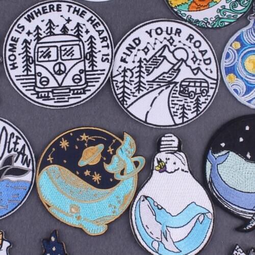DIY Camping Natural Adventure Patches For Clothes Stripes Embroidered Patch Animal Whale Patch Iron On Patches On Clothing Decor