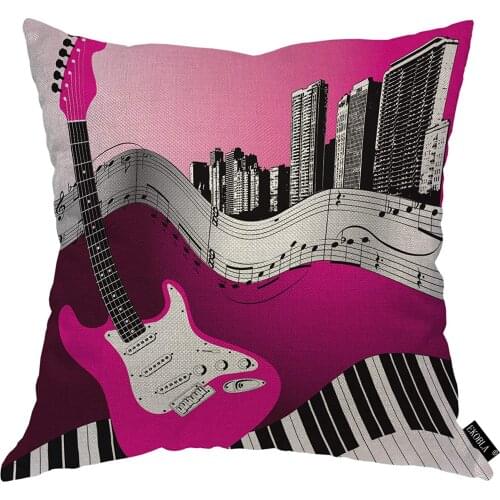 EKOBLA City Guitar Throw Pillow Cover Bustling City Music Note Dots Piano Keyboard String Pink Cozy Square Cushion Case for Men