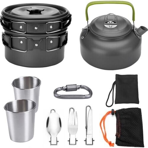 Latest Arrival Picnic Cookware Non-Stick Cutlery Set for 2-3 People Teapot Foldable Spoon Portable Lock Design Outdoor Supplies