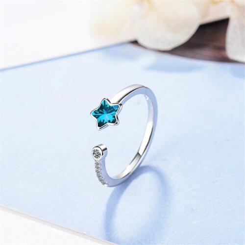 New Arrival Exquisite Temperament Fashion 925 Sterling Silver Jewelry Fresh Blue Star Crystal Five Pointed Opening Rings SR375