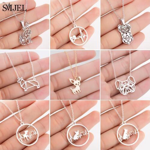 SMJEL Stainless Steel Necklace Choker Jewelry Heart beat Dog Paw Pendant Necklace French Bulldog Chihuahua Dog Necklaces Gift
