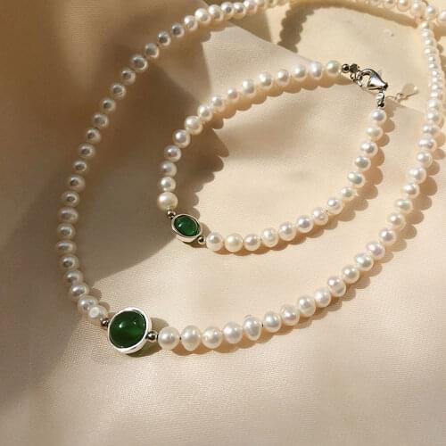 Vintage pearl Jewelry 925silver real pearl necklace bracelet set party jewelry set emerald agate middle stone silver jewelry
