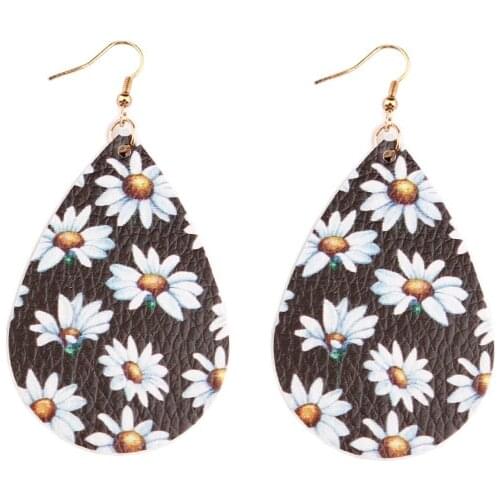 Sunflowers Daisy Floral Teardrop Leather Dangle Drops Earrings Wholesale Leather Drops Earrings